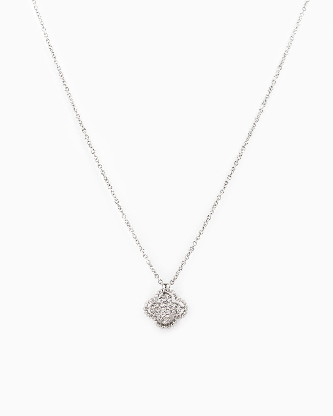 Sessori silver-toned necklace with CZ pavé four-leaf clover pendant on delicate chain.