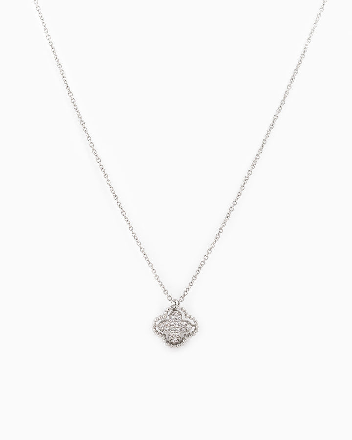 Sessori silver-toned necklace with CZ pavé four-leaf clover pendant on delicate chain.