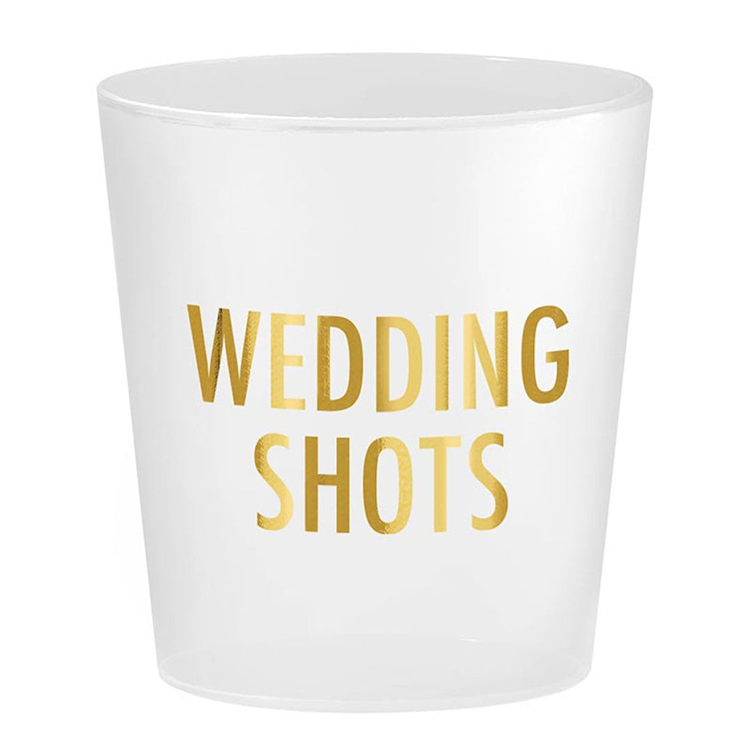Frosted shot glass with gold 'WEDDING SHOTS' text on white background