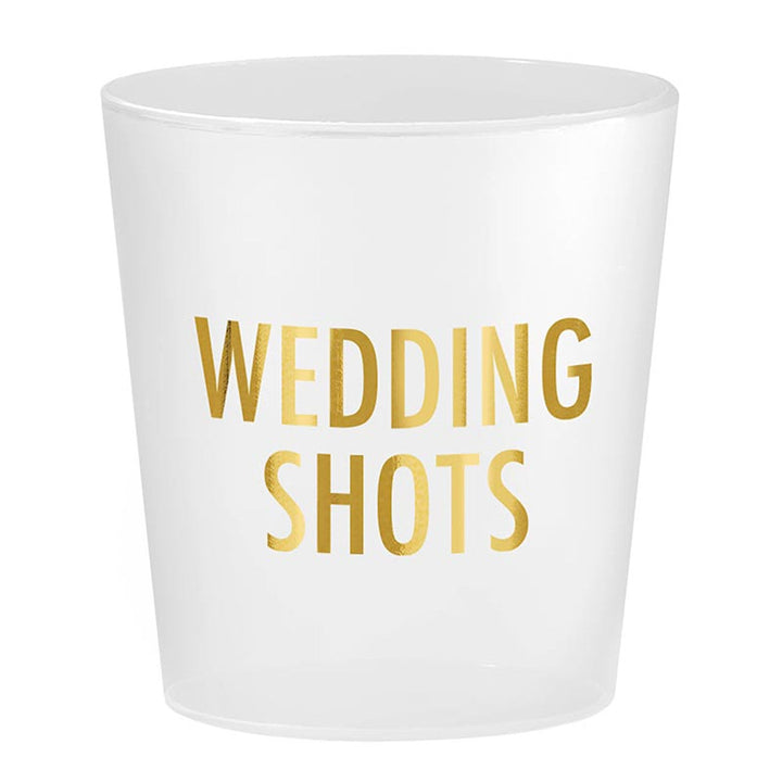 Frosted shot glass with gold 'WEDDING SHOTS' text on white background