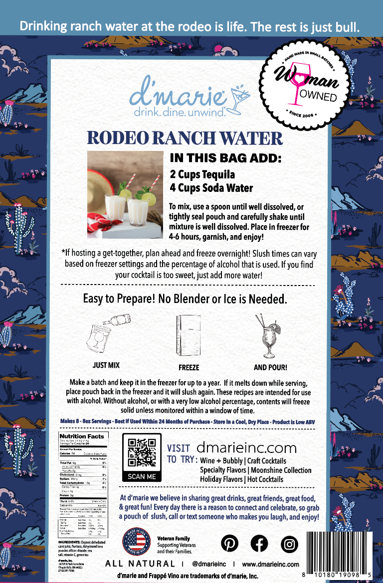 D'Marie Rodeo Ranch Water cocktail mix bag with blue western pattern and recipe instructions