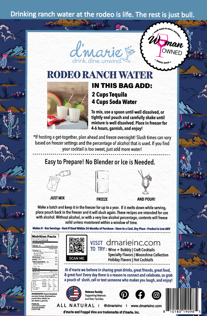 D'Marie Rodeo Ranch Water cocktail mix bag with blue western pattern and recipe instructions