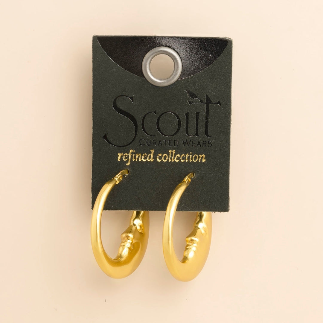 Scout Curated Wears Refined Icon Moon Hoop earrings in gold on branded packaging card