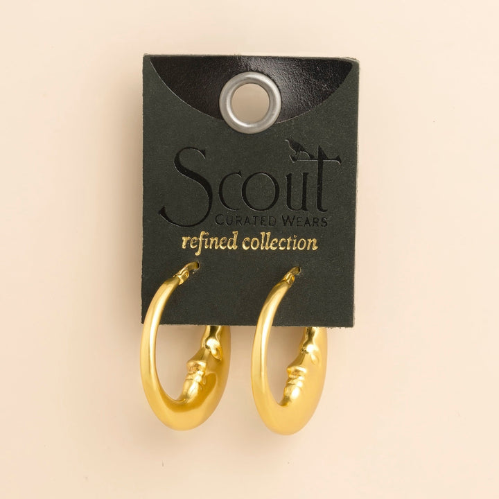 Scout Curated Wears Refined Icon Moon Hoop earrings in gold on branded packaging card