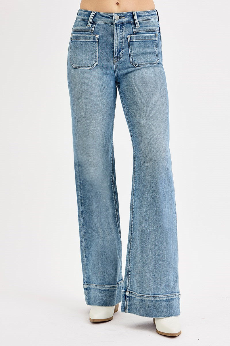 High rise wide flare jeans with patch pockets in medium blue denim wash