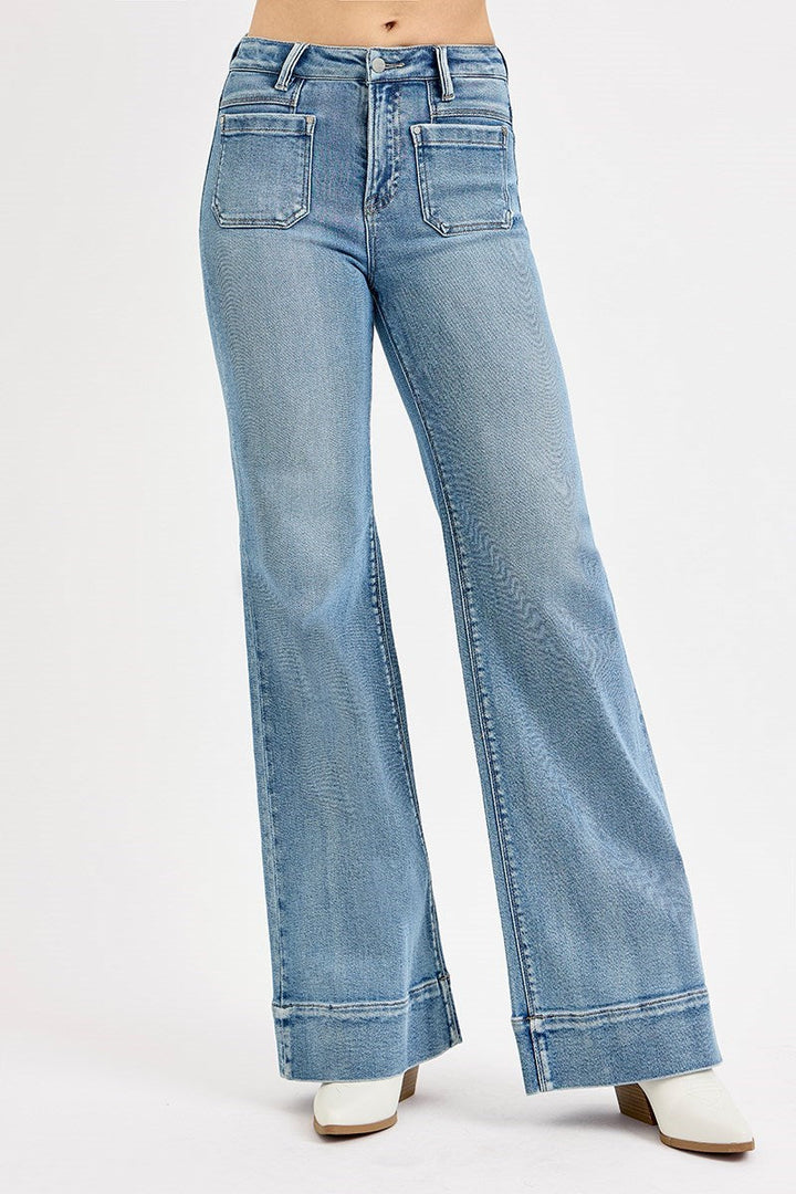 High rise wide flare jeans with patch pockets in medium blue denim