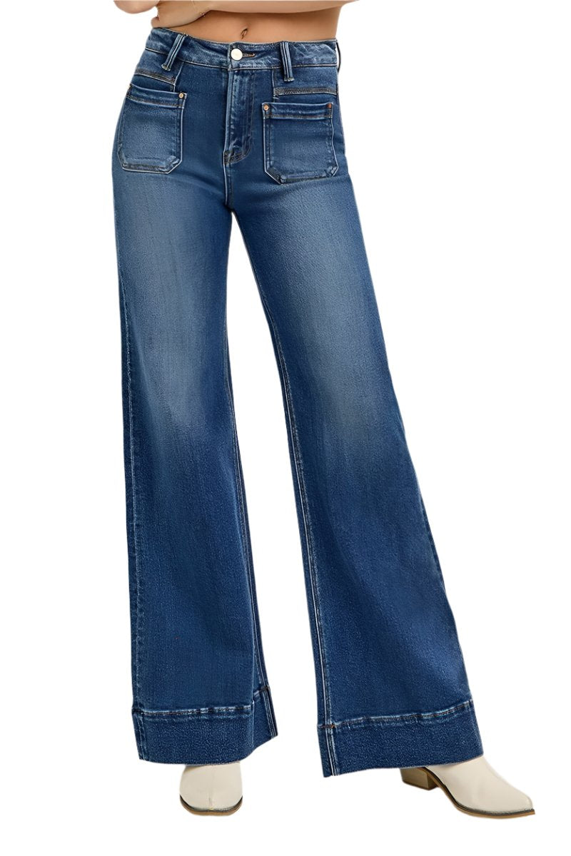 High rise wide leg flare jeans with patch pockets in medium blue denim