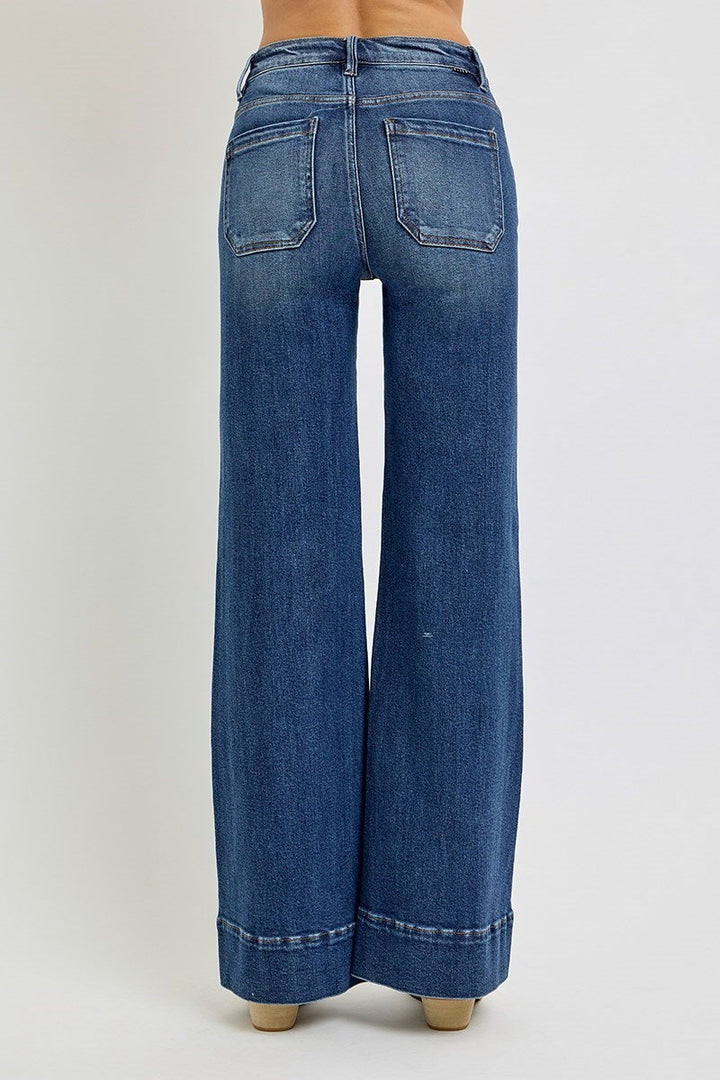 Back view of high rise wide leg denim jeans in medium blue wash