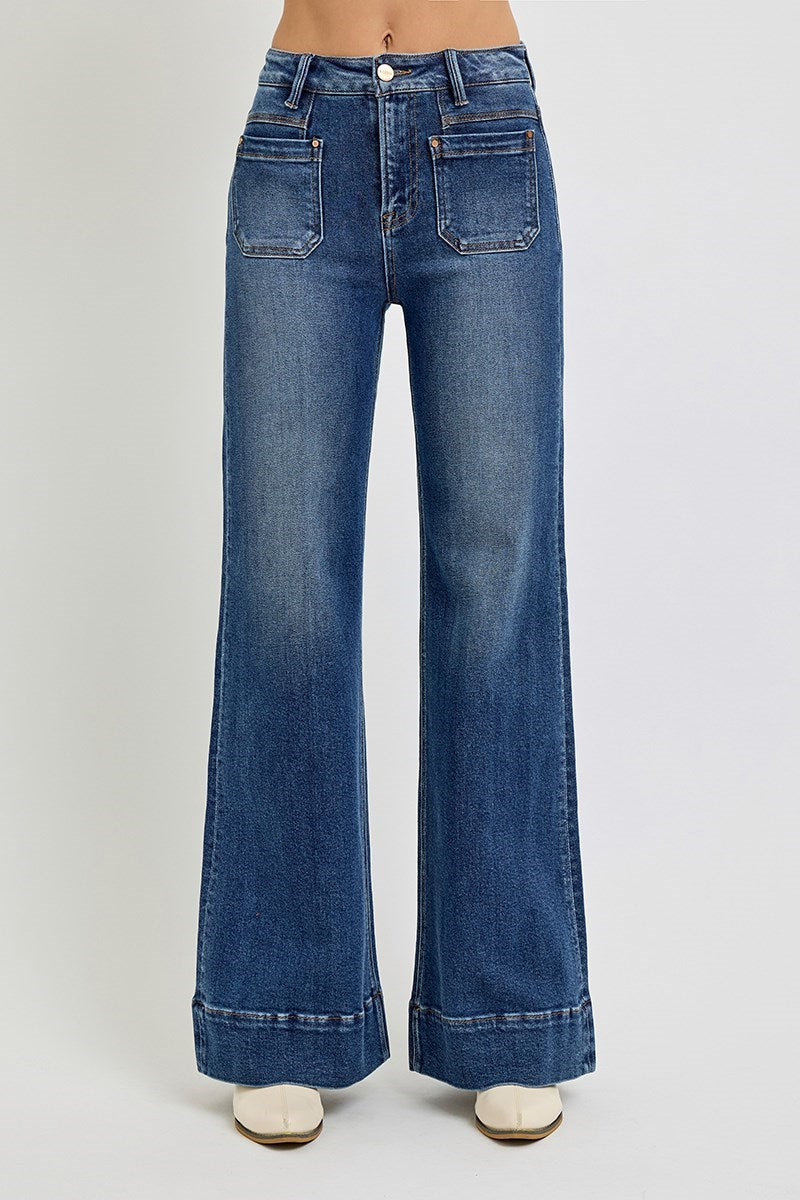 High rise wide leg flare jeans with patch pockets in medium blue denim wash
