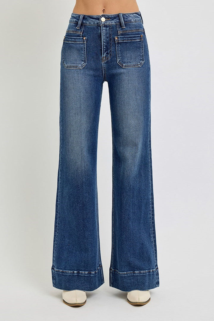 High rise wide leg flare jeans with patch pockets in medium blue denim wash