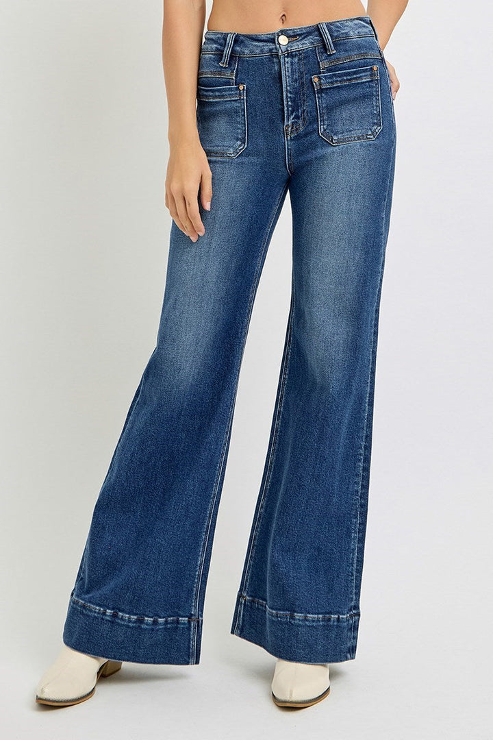 High rise wide leg flare jeans with patch pockets in medium blue wash