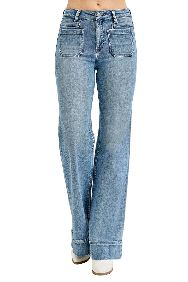 High rise wide leg flare jeans with patch pockets in medium wash denim