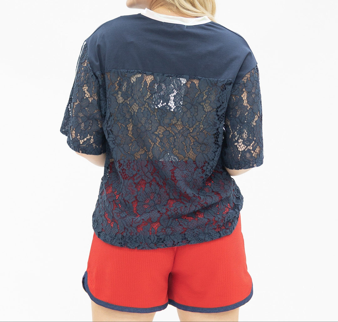 Navy lace jersey top with USA theme, featuring red accents and short sleeves