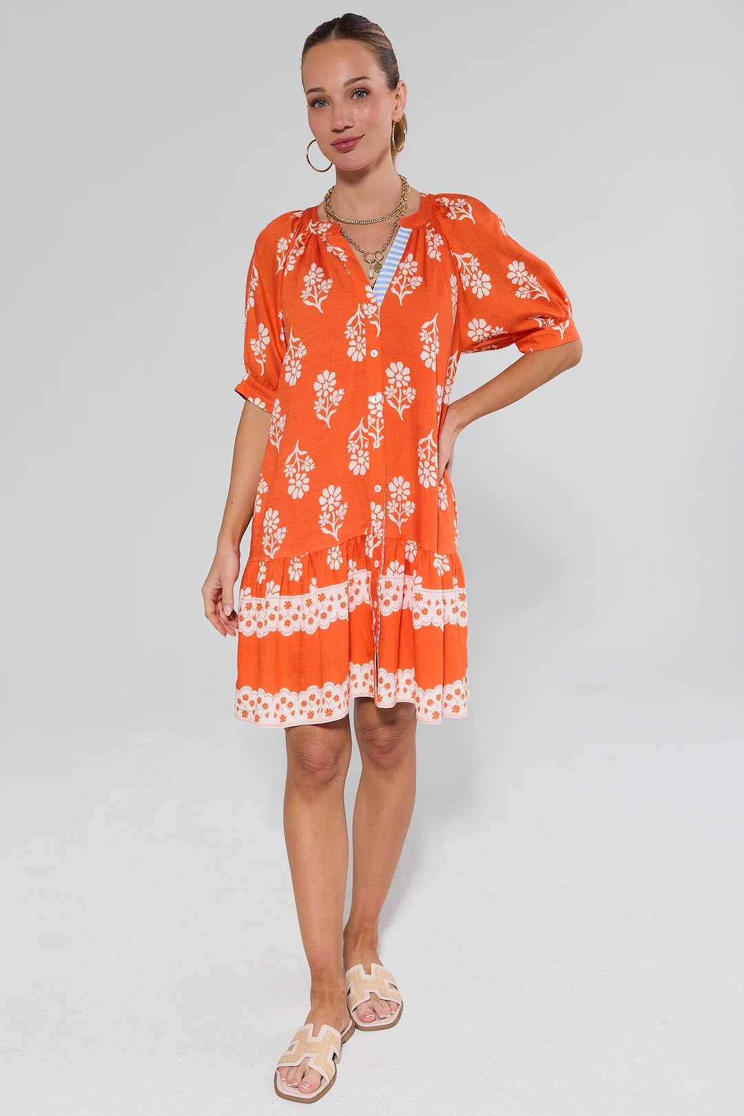 Woman wearing orange floral button-up dress with white lace trim and short sleeves
