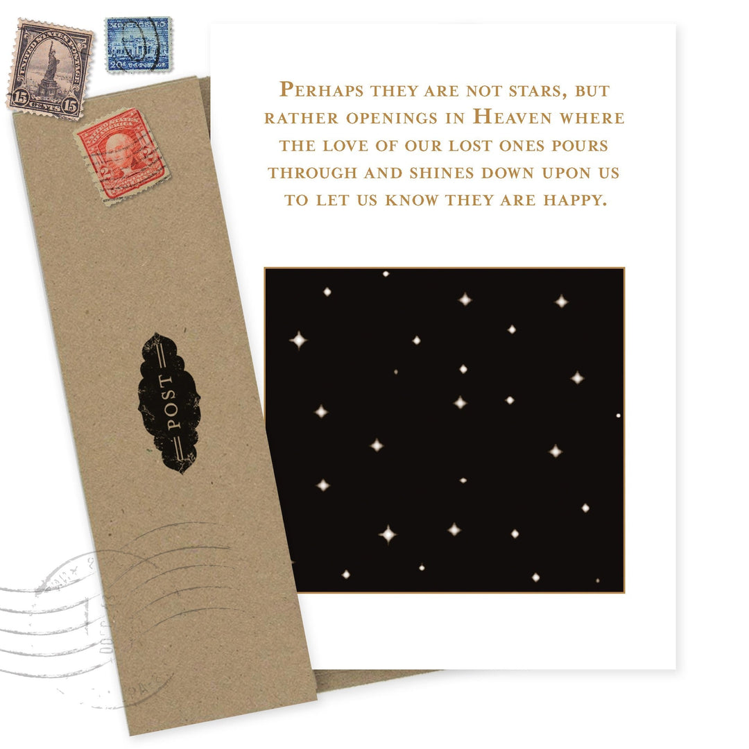 Shannon Martin sympathy card with vintage stamps, kraft envelope, and starry night sky design