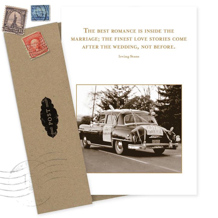 Wedding card with vintage postage stamps and sepia car photo featuring romantic Irving Stone quote