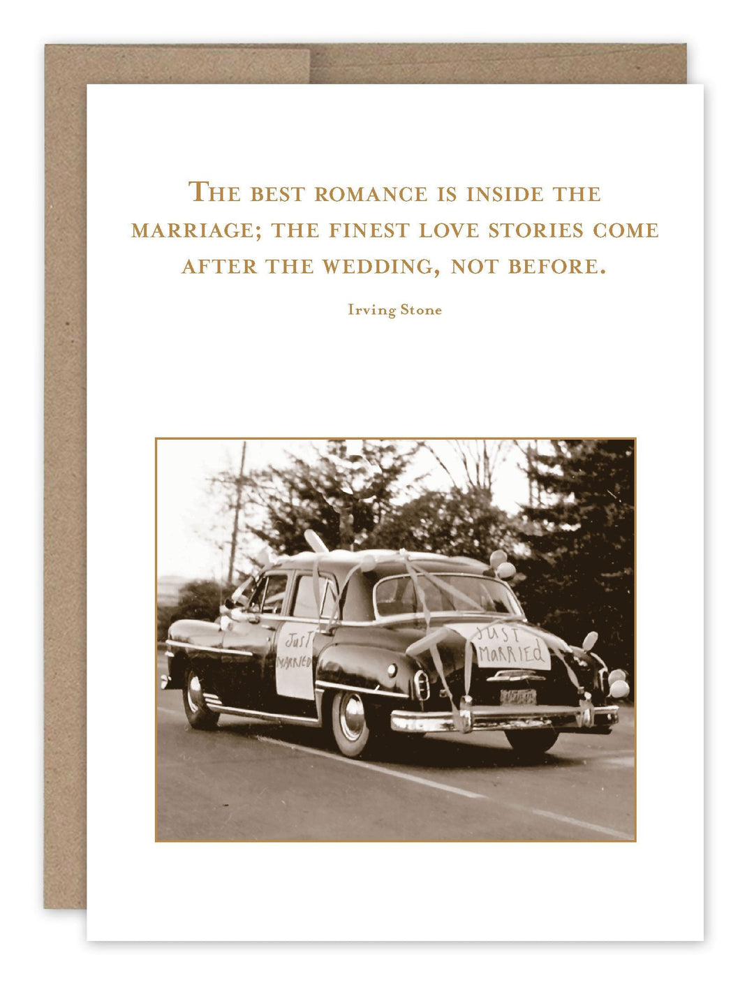 Wedding card with Irving Stone romance quote and vintage just married car photograph