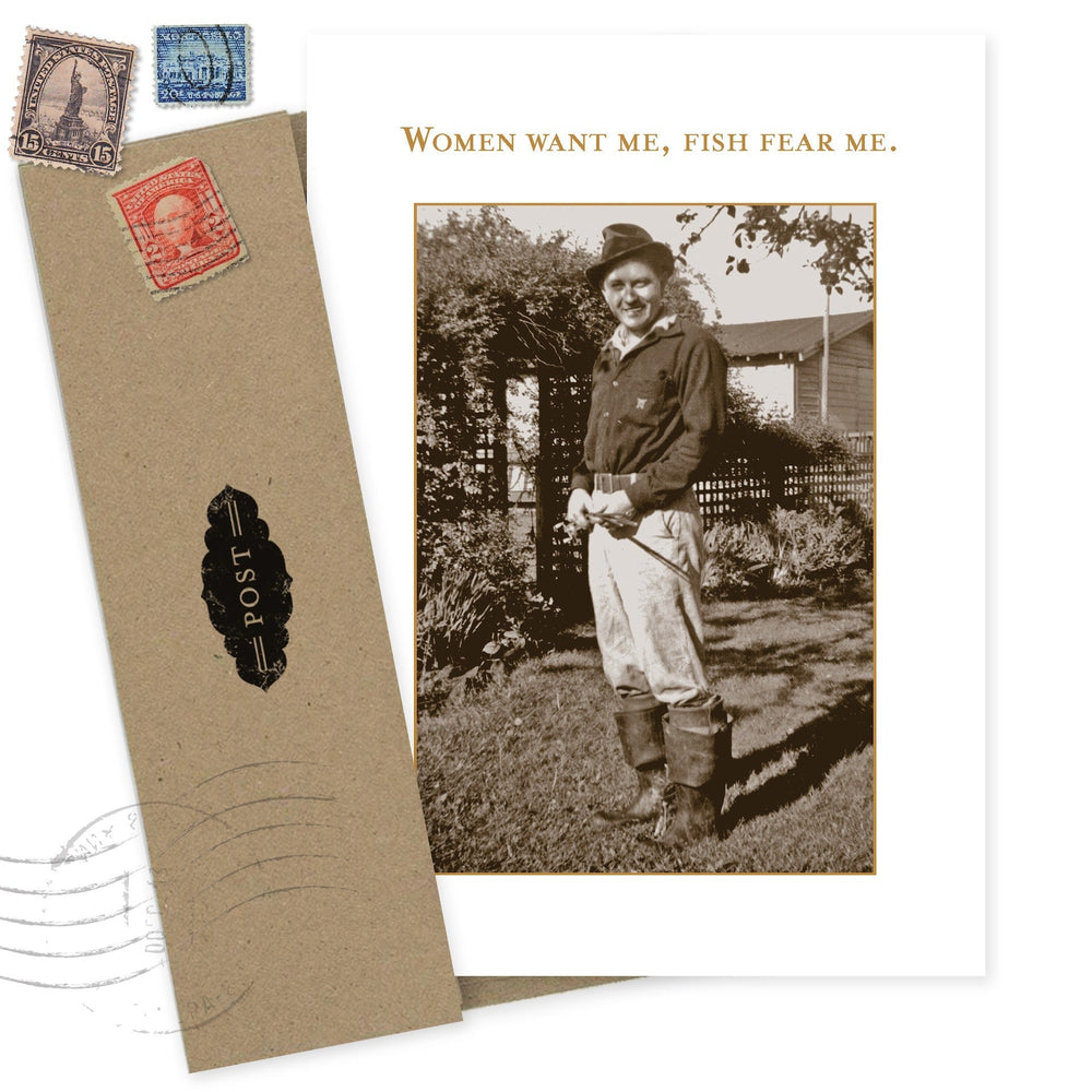 Fish Fear Me greeting card with vintage photo of man fishing and decorative postal elements