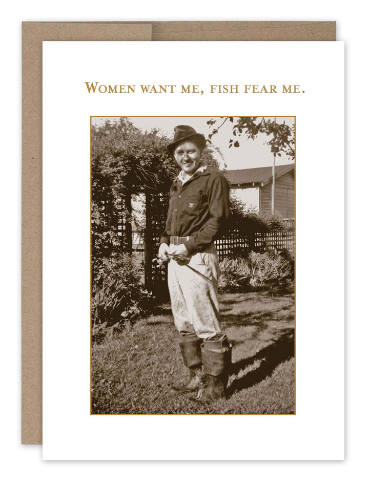 Fish Fear Me greeting card showing vintage man in fishing gear with humorous text
