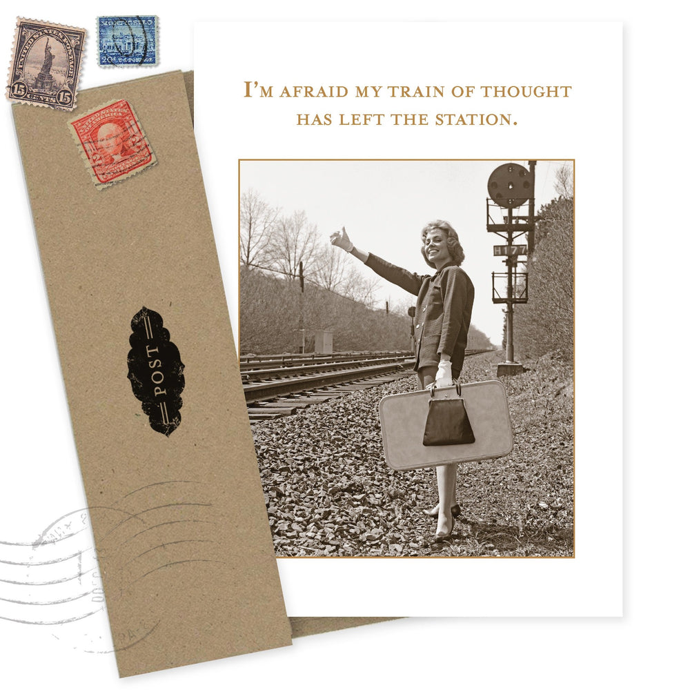 Vintage-style greeting card with train station photo and 'train of thought' quote