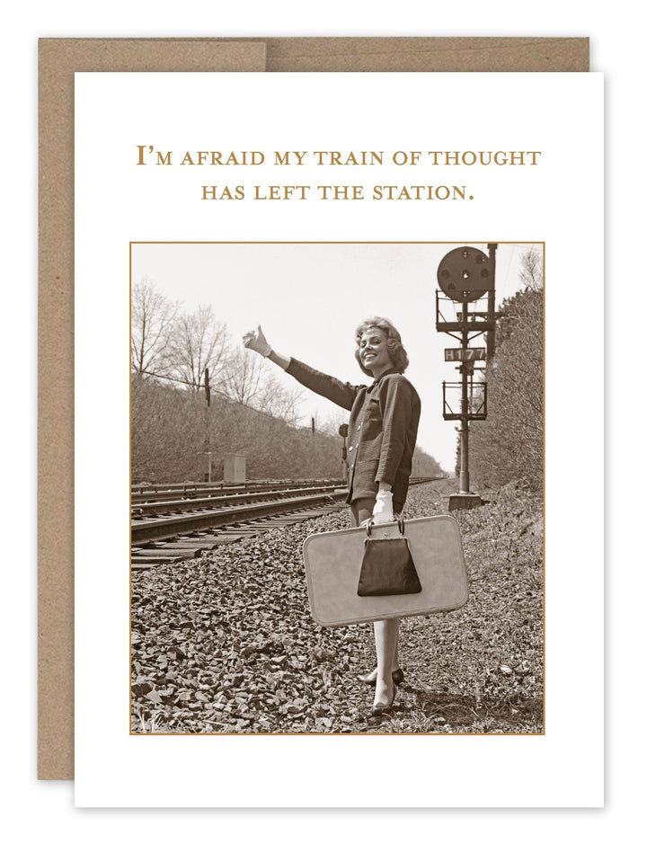 Train of Thought greeting card featuring vintage woman at railway station with humorous text
