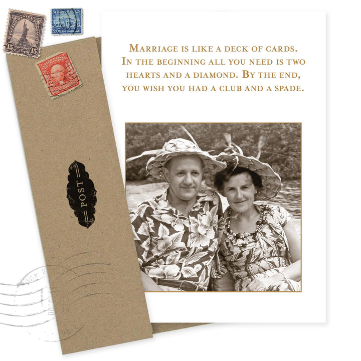 Anniversary greeting card with vintage photo of couple and marriage deck of cards quote