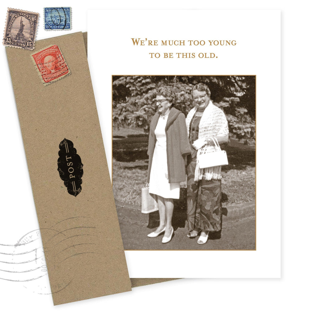 Birthday card with vintage postcard design featuring black and white photo and stamps