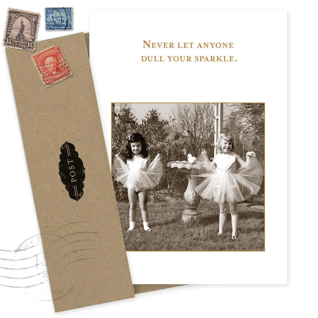 Birthday greeting card with vintage postcard design featuring black and white photo of children