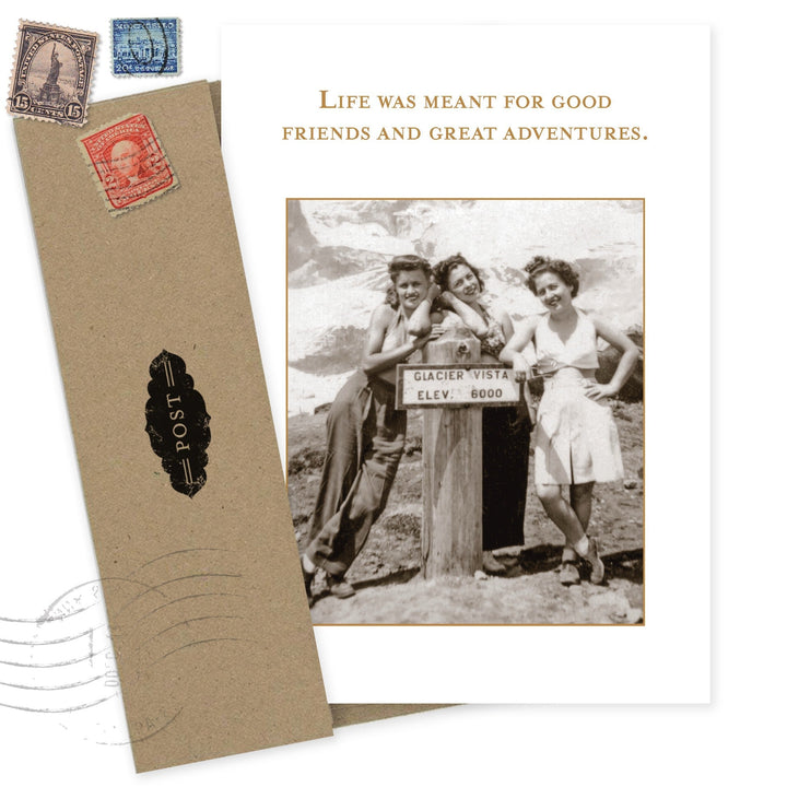 Great Adventure birthday card with vintage stamps, envelope and black-and-white friendship photo