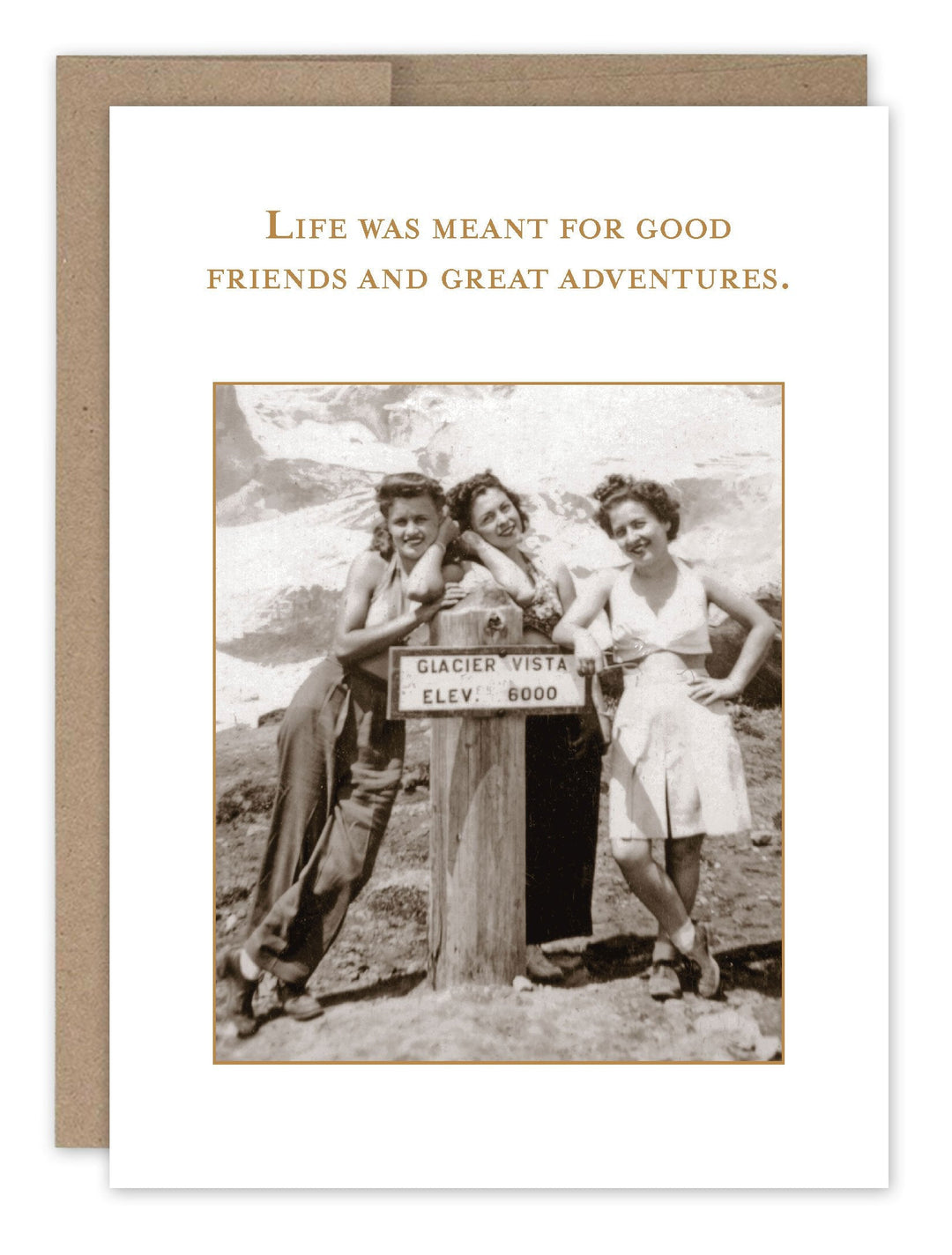 Birthday greeting card featuring vintage photo of three friends at mountain vista with adventure quote