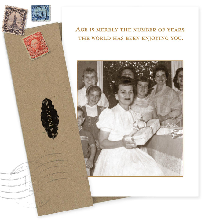 Shannon Martin Design birthday card with vintage stamps, sepia family photo, and inspirational text