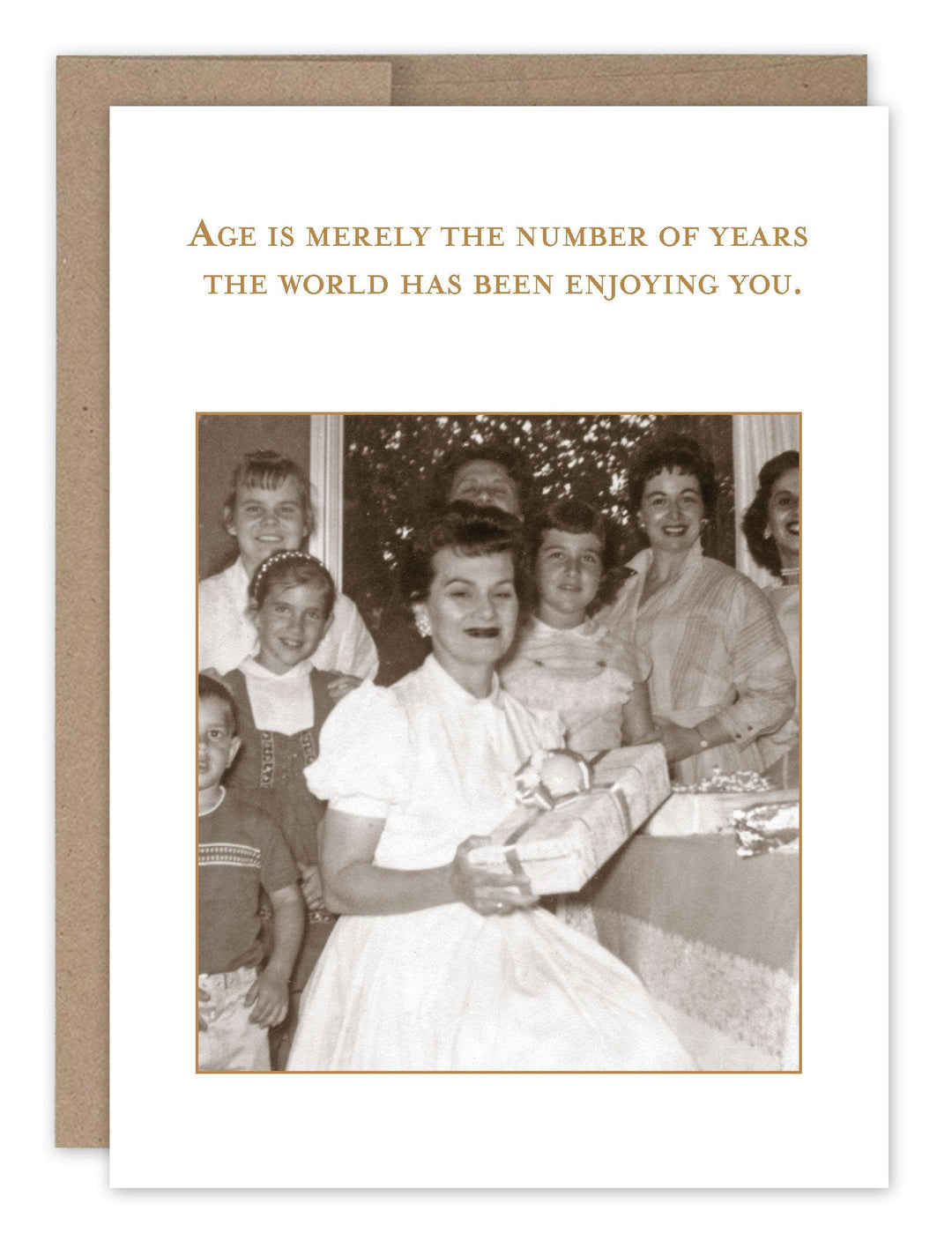 Shannon Martin Design birthday card with vintage photo and age quote, kraft envelope