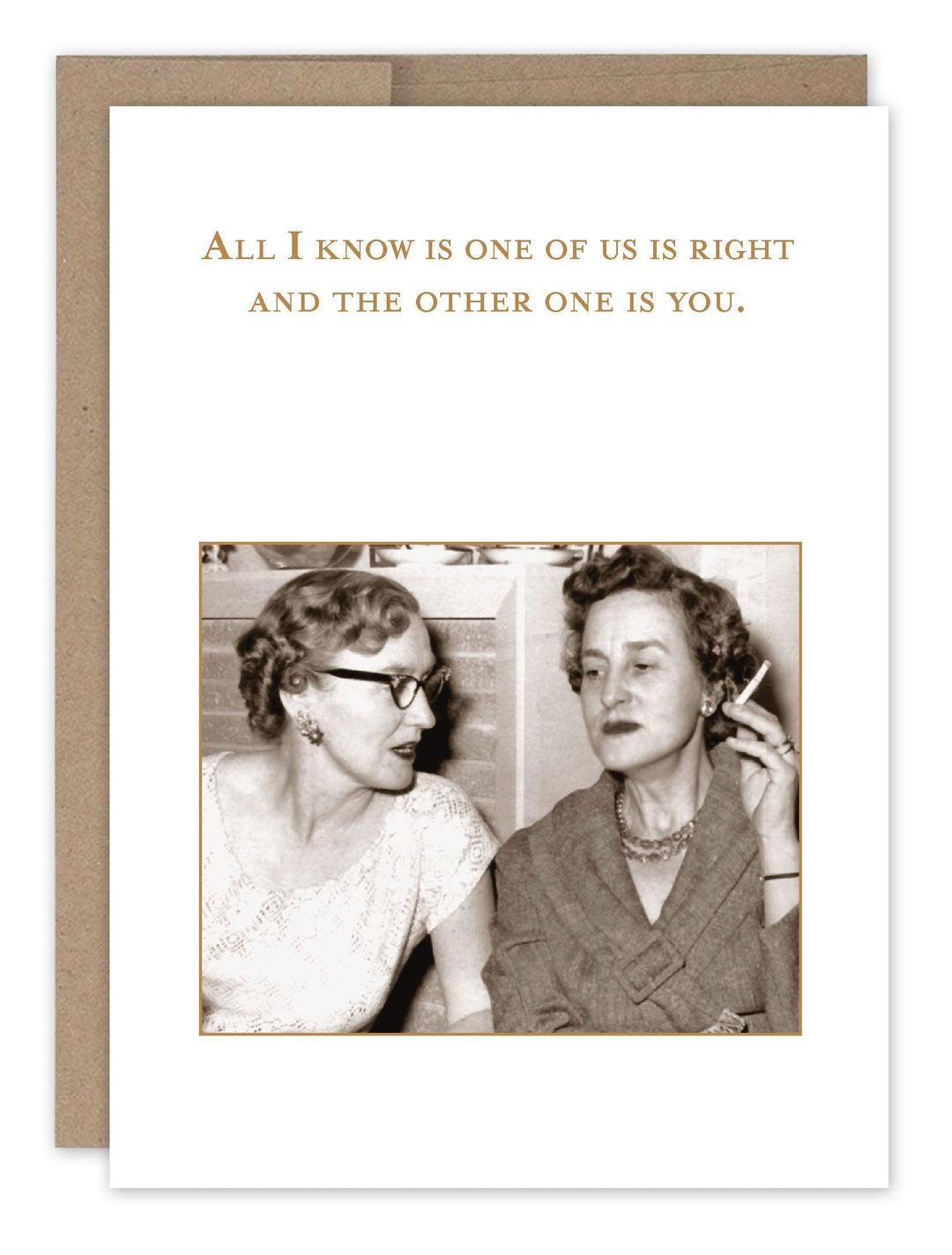 Birthday greeting card featuring vintage photo of two women with humorous text about being right