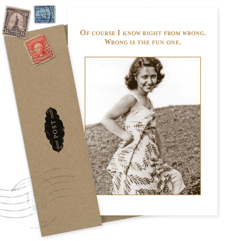 Vintage-style birthday card with sepia photo and text about choosing wrong being fun