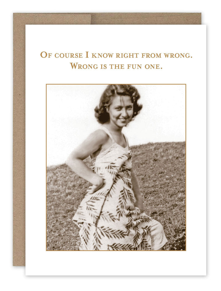 Birthday greeting card featuring vintage woman photo with humorous text about right and wrong