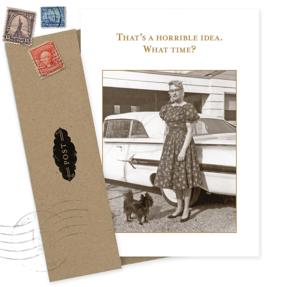 Shannon Martin Design greeting card with vintage postcard styling and kraft envelope