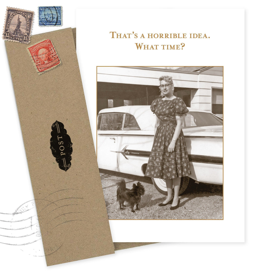 Shannon Martin Design greeting card with vintage postcard styling and kraft envelope