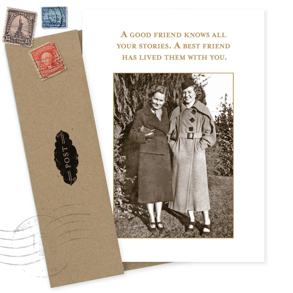 Best Friend Stories birthday card with vintage photo and kraft envelope with postage stamps