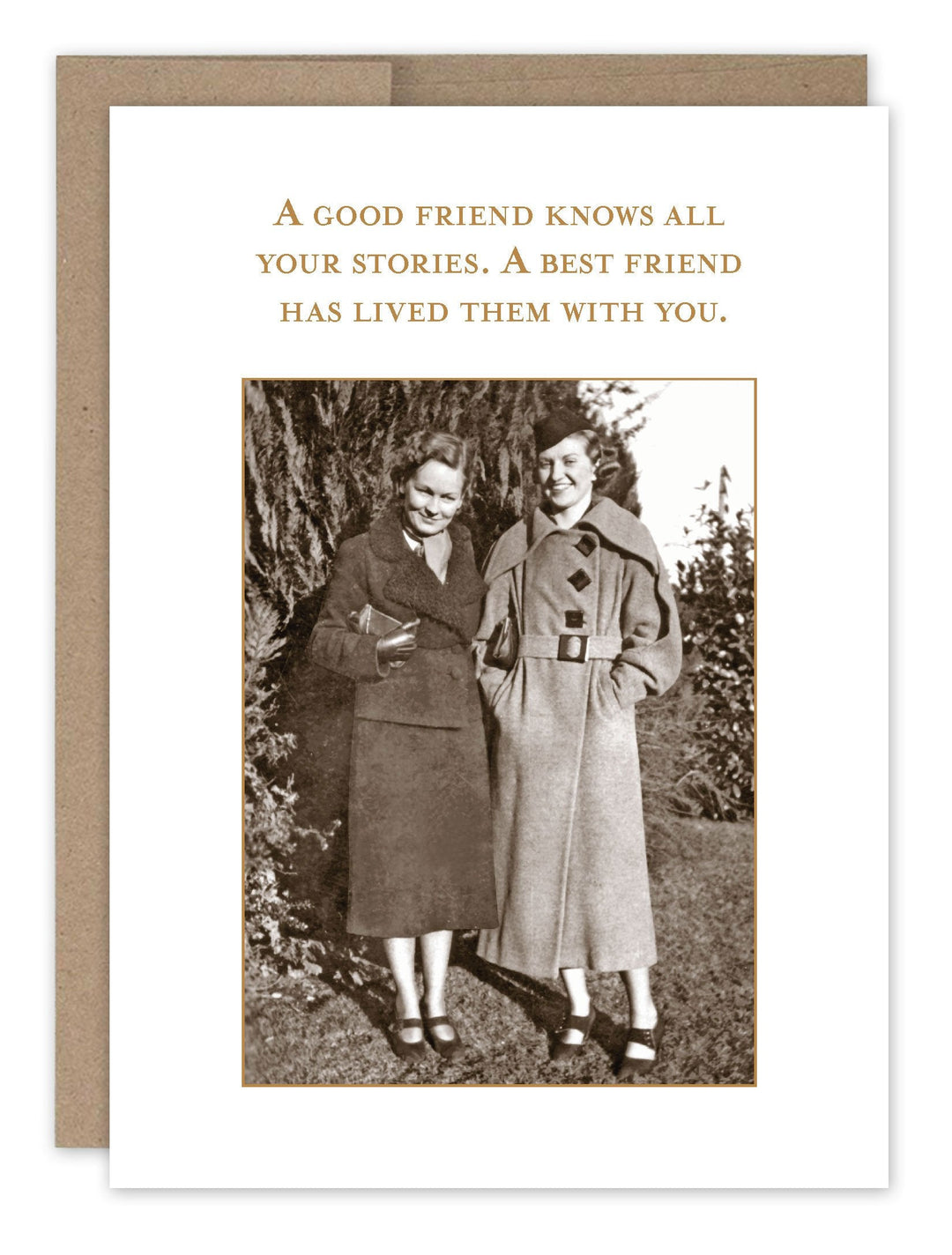 Birthday card featuring vintage photo of two women with friendship quote about stories