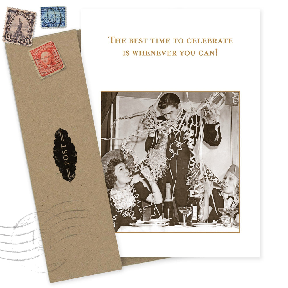 Vintage-style greeting card with celebration message and retro photograph styling
