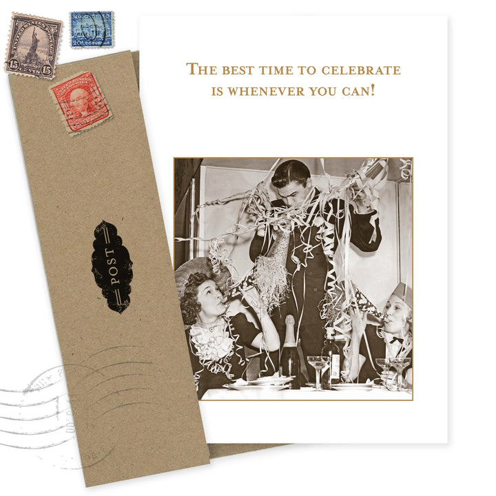 Vintage-style greeting card with celebration message and retro photograph styling
