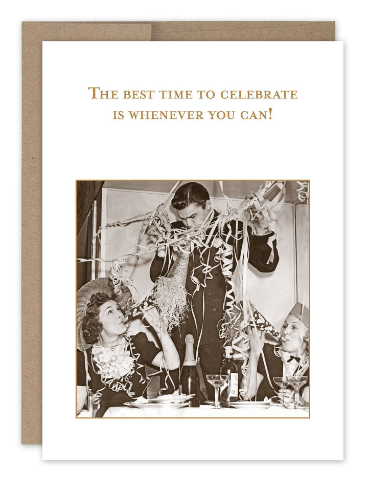 Celebrate Whenever greeting card featuring vintage party photo with inspirational text on white background