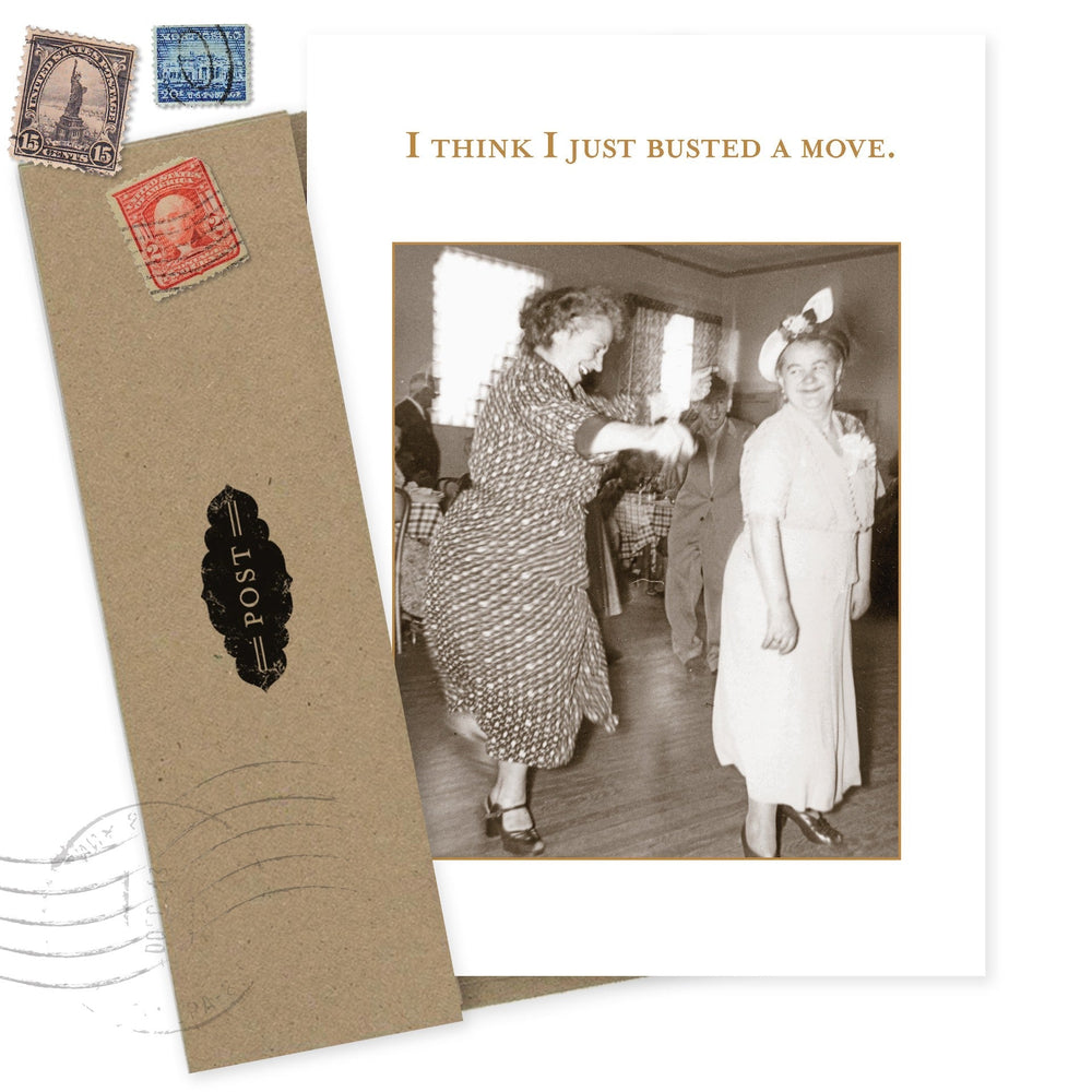 Busted a Move greeting card with vintage photograph and kraft envelope with postage stamps