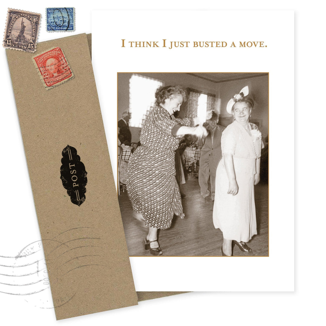 Busted a Move greeting card with vintage photograph and kraft envelope with postage stamps