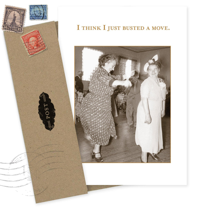 Busted a Move greeting card with vintage photograph and kraft envelope with postage stamps