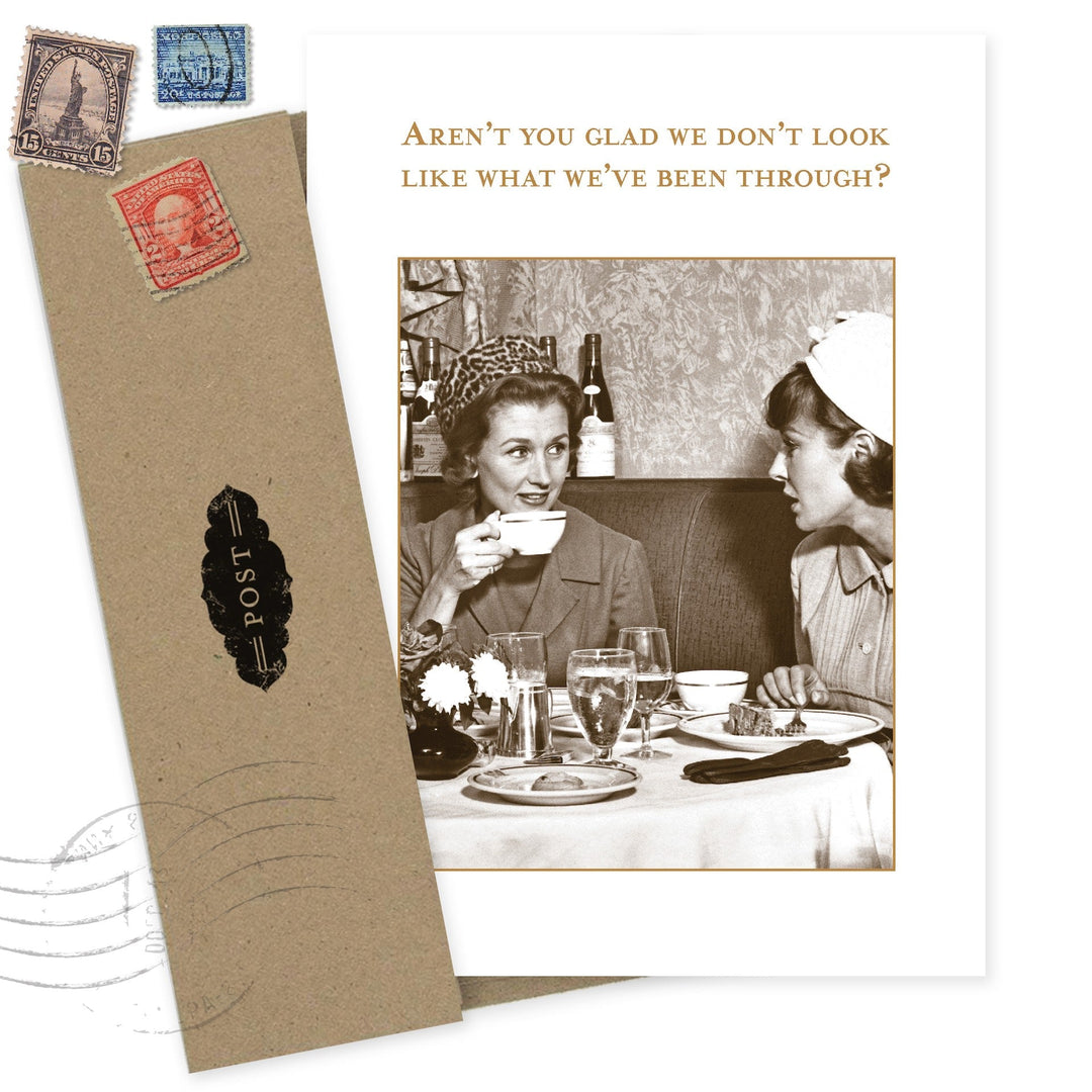 Birthday greeting card with vintage photo and kraft envelope featuring postal stamps