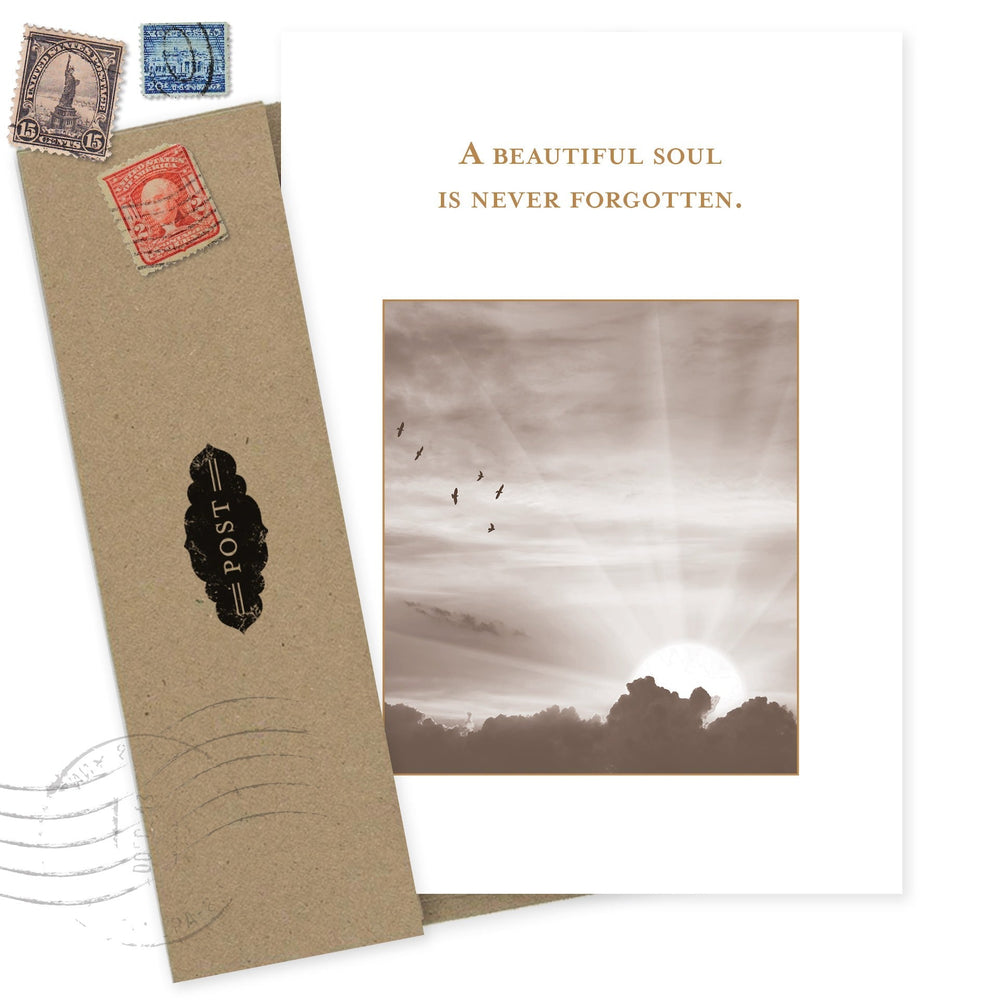 Beautiful Soul greeting card with vintage postcard design featuring birds in cloudy sky