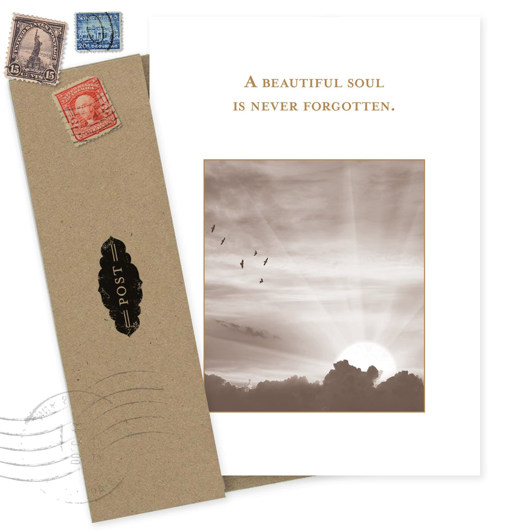 Beautiful Soul greeting card with vintage postcard design featuring birds in cloudy sky