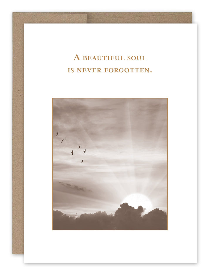 Beautiful Soul greeting card featuring sepia sky with birds and inspirational quote