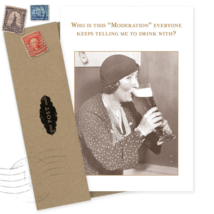 Moderation birthday card featuring vintage woman drinking beer with humorous text and postal stamps